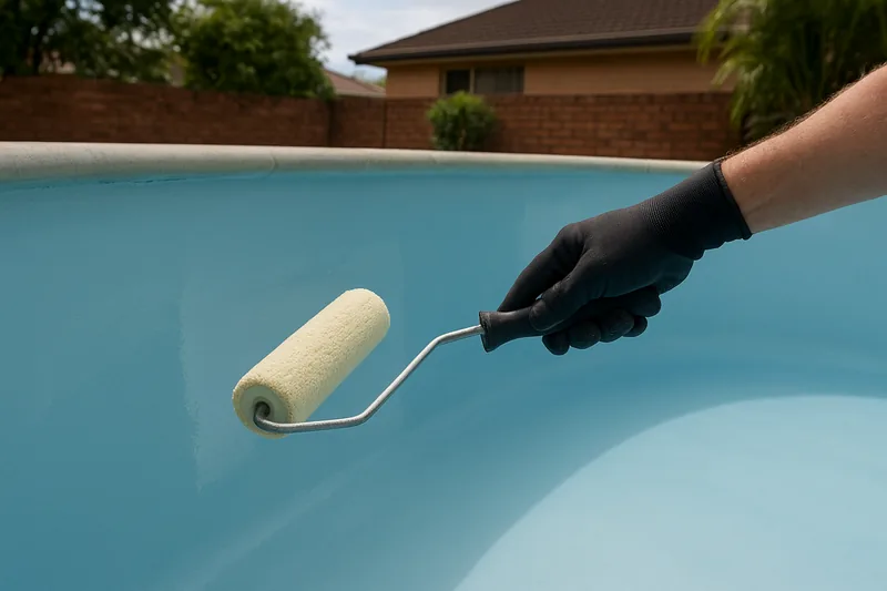 A gloved hand holding a paint roller against the wall of an empty blue fibreglass pool shell, with a brick fence and a house roof behind — fibreglass pool resurfacing, Sunshine Coast. Illustrative example.